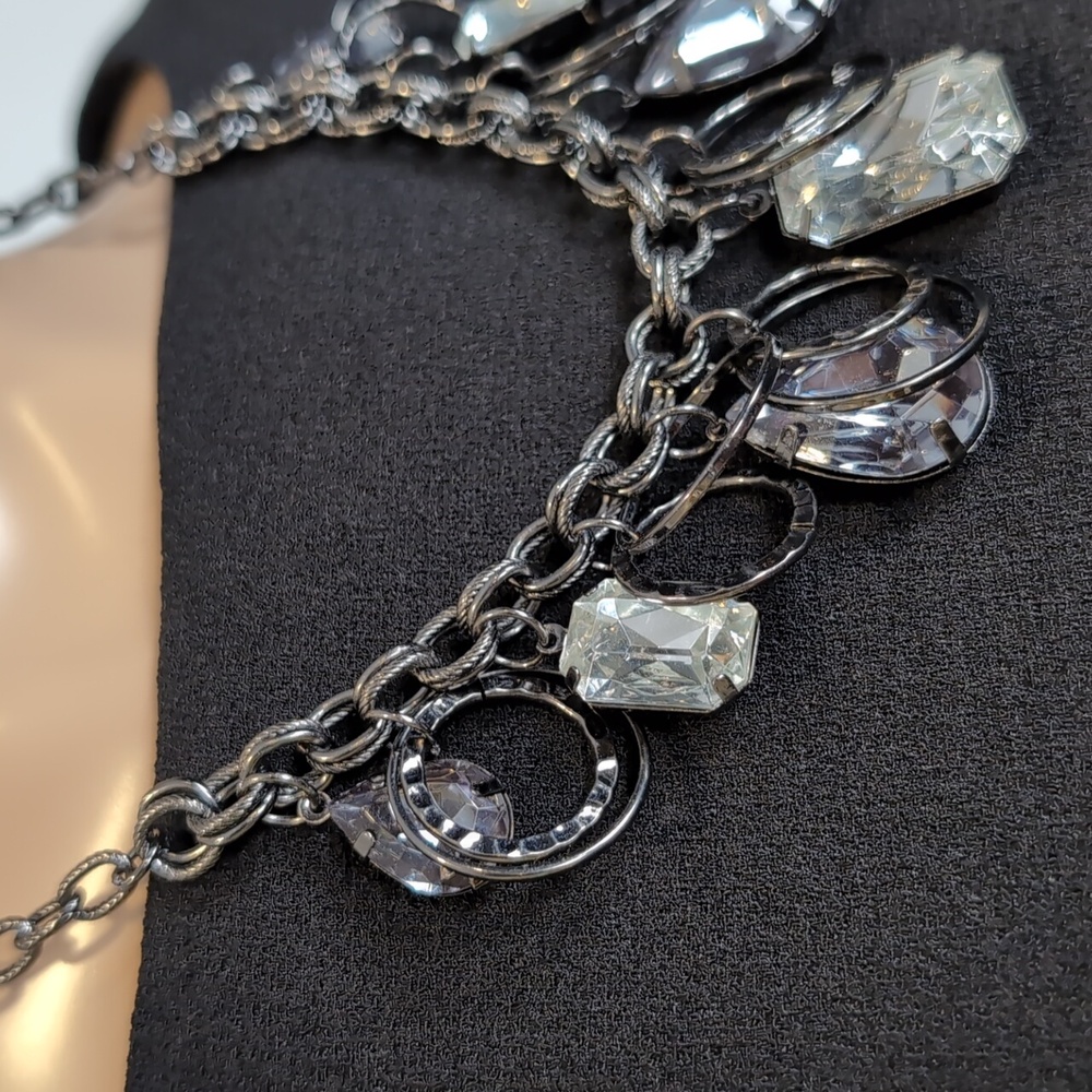 Hammered Gunmetal Statement Fashion Necklace Crystal Charms Chunky Chain Jewelry - Picture 3 of 11